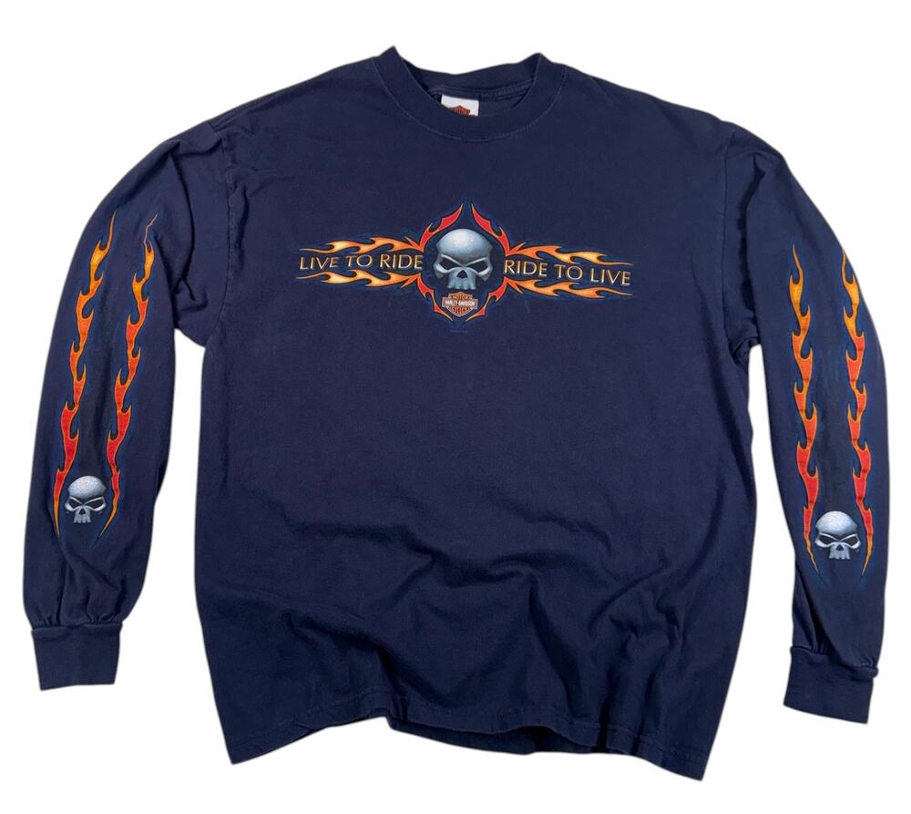 Vintage Harley Davidson Flame Sleeve Shirt Men's LARGE 2005 Skull Flames